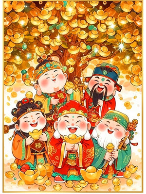 tep-1007 *สินค้าหมด* ชุดปักครอสติช ลายเทพเจ้าแห่งโชคลาภทั้ง 5 (ปักเต็มผืนผ้า ไม่มีเดินเส้น ผ้า11CT พิมพ์ลาย ปัก 3 เส้นเล็ก) ขนาด 50*65 ซม.ผ้าครอสติช 11CTพิมพ์ลายปักบนผ้า+ไหมคอตตอน 31 สี+ผังลาย+เข็ม