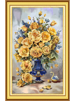 rose-1130 *สินค้าหมด* ชุดปักครอสติช ลายแจกันกุหลาบเหลืองทอง (งานปักเต็มลาย ไม่มีเดินเส้น) ปักครั้งละ 3 เส้นเล็ก ขนาด 50*80 ซม.ผ้าครอสติช 11CTพิมพ์ลายปักบนผ้า ไหมคอตตอน 36 สี ผังลาย เข็ม