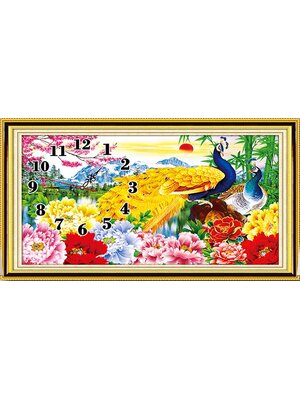 clock-1222 *สินค้าหมด* ชุดปักครอสติช ลายนาฬิกานกยูงคู่ในป่าใหญ่ ขนาด 80*50 ซม.ผ้าครอสติช 11CTพิมพ์ลายปักบนผ้า ไหมคอตตอน 38 สี ผังลาย เข็ม
