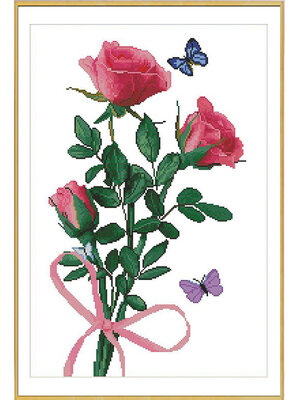 rose-1021 *สินค้าหมด* ชุดปักครอสติช ลายช่อกุหลาบกับผีเสื้อ (ไม่มีเดินเส้น ผ้า11CTพิมพ์ลาย ปักครั้งละ 3 เส้นเล็ก) ขนาด 48*68 ซม.ผ้าครอสติช 11CTพิมพ์ลายปักบนผ้า ไหมคอตตอน 27 สี ผังลาย เข็ม