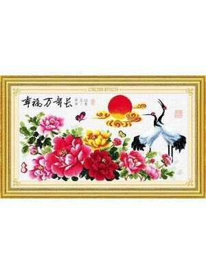 crane-1103 *สินค้าหมด* ชุดปักครอสติช ลายนกกระเรียนคู่ในสวนโบตั๋น (ผ้า11CTพิมพ์ลาย ปัก 3 เส้นเล็ก) ขนาด 96*48 ซม ผ้าครอสติช 11CTพิมพ์ลายปักบนผ้า ไหมคอตตอน 52 สี ผังลาย เข็ม