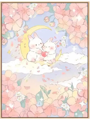 rabbit-1116 *สินค้าหมด* ชุดปักครอสติช ลายกระต่ายคู่บนดวงจันทร์ (ปักเต็มผืนผ้า ไม่มีเดินเส้น ผ้า11CTพิมพ์ลาย ปัก 3 เส้นเล็ก) ขนาด 50*63 ซม.ผ้าครอสติช 11CTพิมพ์ลายปักบนผ้า ไหมคอตตอน 20 สี ผังลาย เข็ม