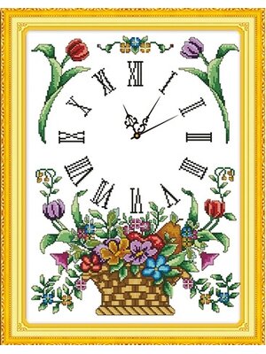 clock-1004 *สินค้าหมด* ชุดปักครอสติช ลายนาฬิกาตะกร้าดอกไม้หลากสี ขนาด 45*57 ซม.ผ้าครอสติช 11CTพิมพ์ลายปักบนผ้า ไหมคอตตอน 29 สี ผังลาย เข็ม