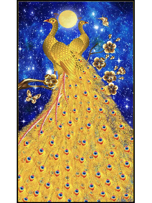 peacock-1133 *สินค้าหมด* ชุดปักครอสติช ลายคู่นกยูงทองใต้เงาจันทร์ (ปักเต็มผืนผ้า ไม่มีเดินเส้น ผ้า11CTพิมพ์ลาย ปัก 3 เส้นเล็ก) ขนาด 50*90 ซม.ผ้าครอสติช 11CTพิมพ์ลายปักบนผ้า ไหมคอตตอน 31 สี ผังลาย เข็ม