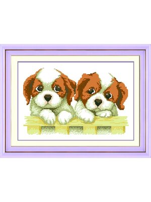 dog-1101 *สินค้าหมด* ชุดปักครอสติช ลายคู่น้องหมา (ไม่มีเดินเส้น ผ้า11CTพิมพ์ลาย ปัก 3 เส้นเล็ก) ขนาด 47*33 ซม.ผ้าครอสติช 11CTพิมพ์ลายปักบนผ้า ไหมคอตตอน 17 สี ผังลาย เข็ม
