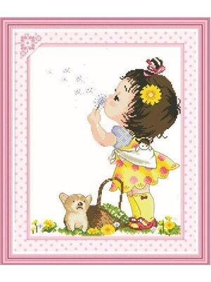 girl-1100 *สินค้าหมด* ชุดปักครอสติช ลายเด็กน้อยกับน้องหมา ขนาด 37*45 ซม ผ้าครอสติช 11CTพิมพ์ลายปักบนผ้า ไหมคอตตอน 32 สี ผังลาย เข็ม