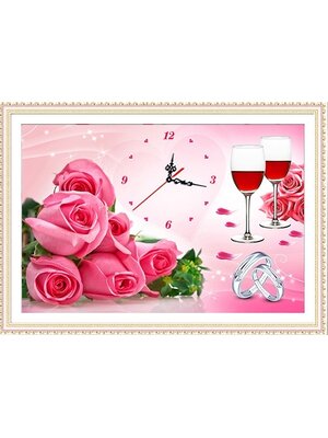 clock-2005 *พร้อมส่ง* ภาพติดคริสตัลกลม ลายนาฬิกาช่อกุหลาบ (งานติดเต็มภาพ) ขนาด 60*40 ซม.ผ้าแคนวาสลงผังลายเต็ม คริสตัลกลม 27 สี (มีตัวเรือนนาฬิกา) อุปกรณ์ครบชุด
