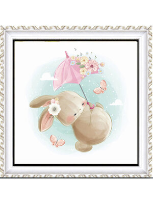 rabbit-1027 *สินค้าหมด* ชุดปักครอสติช ลายกระต่ายร่มกาง (ไม่มีเดินเส้น ผ้า11CT พิมพ์ลาย ปัก 3 เส้นเล็ก) ขนาด 50*50 ซม.ผ้าครอสติช 11CTพิมพ์ลายปักบนผ้า ไหมคอตตอน 29 สี ผังลาย เข็ม