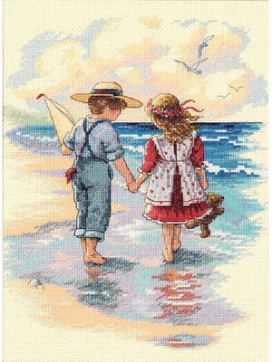 love-1151 *สินค้าหมด* ชุดปักครอสติช ลายคู่เด็กน้อยจูงมือริมทะเล ขนาด 36*50 ซม.ผ้าครอสติช 11CTพิมพ์ลายปักบนผ้า ไหมคอตตอน 28 สี ผังลาย เข็ม