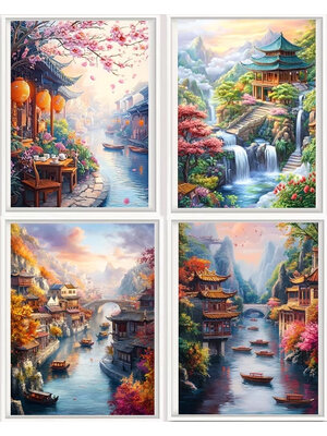 home-1135 *สินค้าหมด* ชุดปักครอสติช ลายเซต 4 ชิ้น บ้านริมคลอง 4 ฤดู (ปักเต็มผืนผ้า ไม่มีเดินเส้น ผ้า11CTพิมพ์ลาย ปัก 3 เส้นเล็ก) ขนาดภาพละ 50*70 ซม.ผ้าครอสติช 11CTพิมพ์ลายปักบนผ้า+ไหมคอตตอน 137 สี+ผังลาย+เข็ม