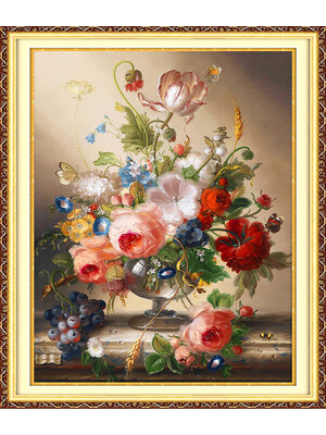 rose-1003 *สินค้าหมด* ชุดปักครอสติช ลายกุหลาบในแจกันแก้ว (ปักเต็มผืนผ้า ไม่มีเดินเส้น ผ้า11CT พิมพ์ลาย ปักครั้งละ 3 เส้นเล็ก) ขนาด 52*63 ซม.ผ้าครอสติช 11CTพิมพ์ลายปักบนผ้า ไหมคอตตอน 65 สี ผังลาย เข็ม