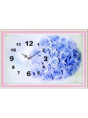 clock-2027 *พร้อมส่ง* ชุดภาพติดคริสตัลกลม ลายนาฬิกาช่อกุหลาบฟ้า (งานติดเต็มภาพ) ขนาด 40*30 ซม. ผ้าแคนวาสลงผังลายเต็ม คริสตัลกลม 17 สี (มีตัวเรือนนาฬิกา) อุปกรณ์ครบชุด
