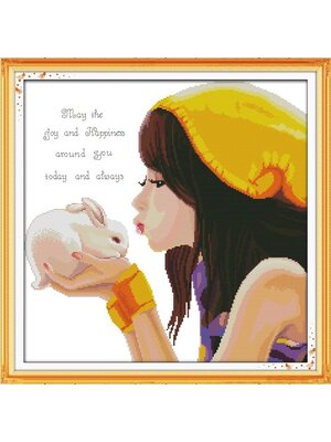 girl-1097 *พร้อมส่ง* ชุดปักครอสติช ลายสาวน้อยกับกระต่าย ขนาด 55*54 ซม ผ้าครอสติช 11CTพิมพ์ลายปักบนผ้า ไหมคอตตอน 39 สี ผังลาย เข็ม