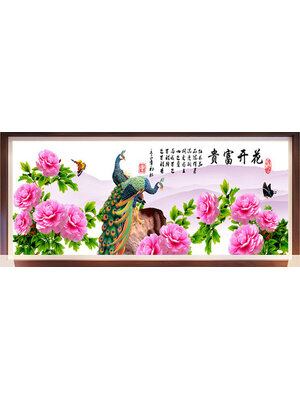 peacock-1082 *สินค้าหมด* ชุดปักครอสติช ลายนกยูงคู่ในสวนโบตั๋น (ไหมเงา) ขนาดใหญ่ 150*60 ซม.ผ้าครอสติช 11CTพิมพ์ลายปักบนผ้า ไหมเงา Silk 40 สี ผังลาย เข็ม