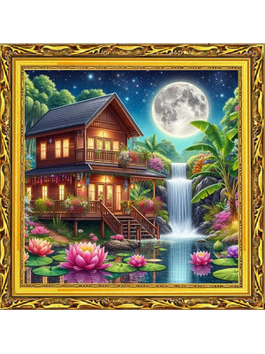 home-1012 *พร้อมส่ง* ชุดปักครอสติช ลายบ้านใหญ่ในบึงบัว (ปักเต็มผืนผ้า ไม่มีเดินเส้น ผ้า11CTพิมพ์ลาย ปัก 3 เส้นเล็ก) ขนาด 60*60 ซม.ผ้าครอสติช 11CTพิมพ์ลายปักบนผ้า+ไหมคอตตอน 47 สี+ผังลาย+เข็ม