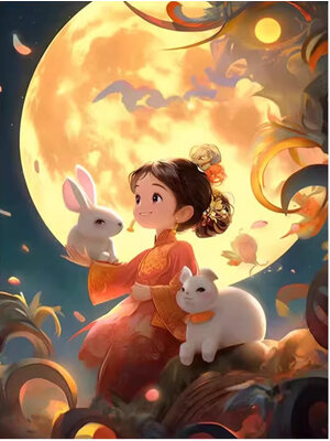 girl-1126 *สินค้าหมด* ชุดปักครอสติช ลายสาวน้อยดวงจันทร์กระต่าย (ปักเต็มผืนผ้า ไม่มีเดินเส้น ผ้า9CTพิมพ์ลาย มีประกาย ปัก 4 เส้นเล็ก) ขนาด 45*55 ซม.ผ้าครอสติช 11CTพิมพ์ลายปักบนผ้า ไหมคอตตอน 41 สี ผังลาย เข็ม