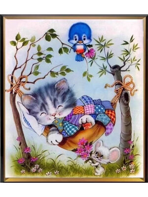 cat-1041 *พร้อมส่ง* ชุดปักครอสติช ลายแมวน้อยนอนเปล (ปักเต็มผืนผ้า ไม่มีเดินเส้น ปักครั้งละ 3 เส้นเล็ก) ขนาด 64*72 ซม.ผ้าครอสติช 11CTพิมพ์ลายปักบนผ้า ไหมคอตตอน 45 สี ผังลาย เข็ม