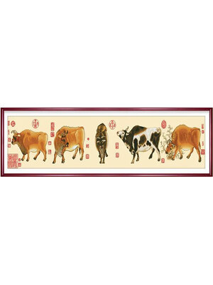 cow-1001 *สินค้าหมด* ชุดปักครอสติช ลาย 5 วัวมงคล โชคดี โชคลาภ เงินทอง ก้าวหน้า สุขภาพแข็งแรง (ผ้าสีน้ำตาลอ่อน ไม่มีเดินเส้น) ขนาดใหญ่ 190*48 ซม.ผ้าครอสติช 11CTพิมพ์ลายปักบนผ้า ไหมคอตตอน 19 สี ผังลาย เข็ม