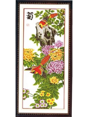 bloom-1018 *พร้อมส่ง* ชุดปักครอสติช ลายนกน้อยกับช่อเบญจมาศ (ปักครั้งละ 3 เส้นเล็ก) ขนาด 40*95 ซม ผ้าครอสติช 11CTพิมพ์ลายปักบนผ้า ไหมคอตตอน 32 สี ผังลาย เข็ม