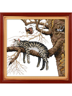 cat-1070 *สินค้าหมด* ชุดปักครอสติช ลายแมวน้อยขี้เกียจ ขนาด 46*45 ซม.ผ้าครอสติช 11CTพิมพ์ลายปักบนผ้า ไหมคอตตอน 21 สี ผังลาย เข็ม