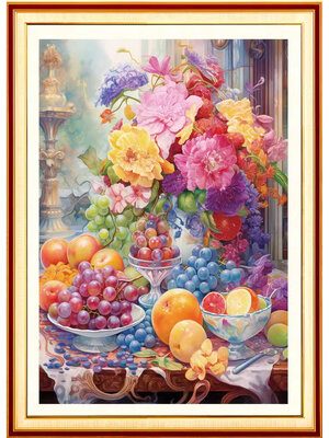 botan-1006 *พร้อมส่ง* ชุดปักครอสติช ลายแจกันโบตั๋นกับผลไม้ (ปักเต็มผืนผ้า ไม่มีเดินเส้น ผ้า11CTพิมพ์ลาย ปัก 3 เส้นเล็ก) ขนาด 40*70 ซม.ผ้าครอสติช 11CTพิมพ์ลายปักบนผ้า ไหมคอตตอน 43 สี ผังลาย เข็ม