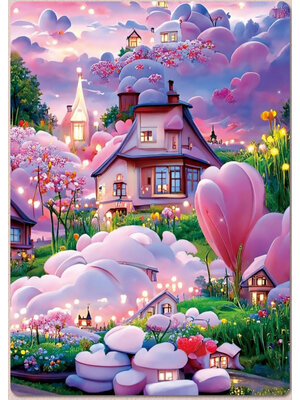 home-1002 *พร้อมส่ง* ชุดปักครอสติช ลายบ้านสวยในม่านเมฆ (ปักเต็มผืนผ้า ไม่มีเดินเส้น ผ้าพิมพ์ลาย 11CT ปัก 3 เส้นเล็ก) ขนาด 51*65 ซม.ผ้าครอสติช 11CT พิมพ์ลายปักบนผ้า ไหมคอตตอน 40 สี ผังลาย เข็ม