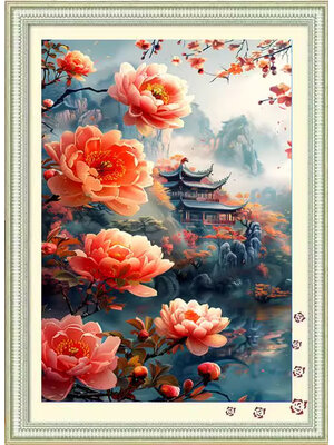 botan-1006 *พร้อมส่ง* ชุดปักครอสติช ลายปราสาทโบตั๋น (ปักเต็มผืนผ้า ไม่มีเดินเส้น ผ้า9CTพิมพ์ลาย ปัก 4 เส้นเล็ก) ขนาด 60*90 ซม.ผ้าครอสติช 9CTพิมพ์ลายปักบนผ้า ไหมคอตตอน 84 สี ผังลาย เข็ม