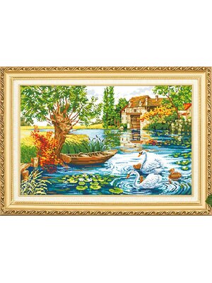 home-1026 *พร้อมส่ง* ชุดปักครอสติช ลายบ้านสวยริมบึงครอบครัวหงส์ (ผ้า11CTพิมพ์ลาย ปัก 3 เส้นเล็ก) ขนาด 75*50 ซม.ผ้าครอสติช 11CTพิมพ์ลายปักบนผ้า ไหมคอตตอน 40 สี ผังลาย เข็ม