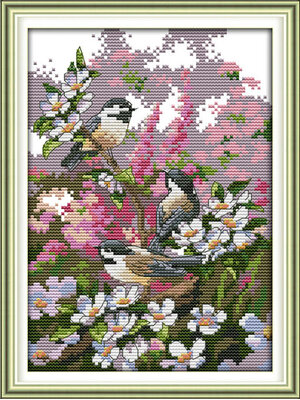 bird-1014 *พร้อมส่ง* ชุดปักครอสติช ลาย 3 นกน้อย (ปักครั้งละ 3 เส้นเล็ก) ขนาด 24*35 ซม.ผ้าครอสติช 11CTพิมพ์ลายปักบนผ้า+ไหมคอตตอน 30 สี+ผังลาย+เข็ม