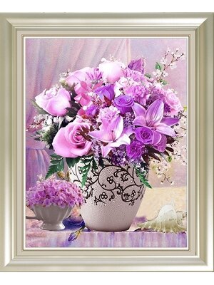 rose-1043 *สินค้าหมด* ชุดปักครอสติช ลายแจกันกุหลาบม่วง (ปักเต็มผืนผ้า ไม่มีเดินเส้น ปักครั้งละ 3 เส้นเล็ก) ขนาด 54*67 ซม.ผ้าครอสติช 11CTพิมพ์ลายปักเต็มลายผ้า ไหมคอตตอน 48 สี ผังลาย เข็ม