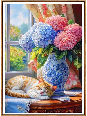 cat-1104 *สินค้าหมด* ชุดปักครอสติช ลายแมวน้อยไฮเดรนเยีย (ปักเต็มผืนผ้า ไม่มีเดินเส้น ผ้า11CTพิมพ์ลาย ปัก 3 เส้นเล็ก) ขนาด 50*70 ซม.ผ้าครอสติช 11CTพิมพ์ลายปักบนผ้า ไหมคอตตอน 41 สี ผังลาย เข็ม