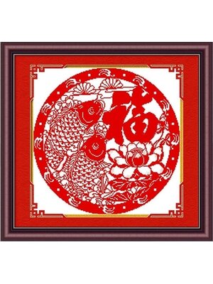 pla-1023 *พร้อมส่ง* ชุดปักครอสติช ลายปลาคู่อวยพรมงคล (ไม่มีเดินเส้น ไม่มีผังลาย ปักสีเดียว ผ้า11CT พิมพ์ลาย ปัก 3 เส้นเล็ก) ขนาด 46*46 ซม.ผ้าครอสติช 11CTพิมพ์ลายปักบนผ้า ไหมคอตตอนสีแดง เข็ม