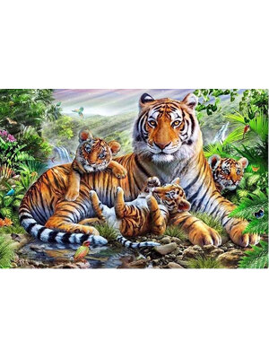 tiger-1014 *พร้อมส่ง* ชุดปักครอสติช ลายเสือแม่ลูก (ปักเต็มผืนผ้า ไม่มีเดินเส้น ผ้า9CTพิมพ์ลาย ปัก 4 เส้นเล็ก) ขนาด 80*55 ซม.ผ้าครอสติช 9CTพิมพ์ลายปักบนผ้า ไหมคอตตอน 37 สี ผังลาย เข็ม