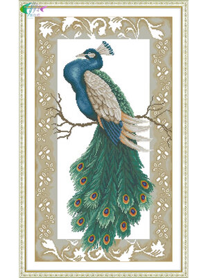 peacock-1035 *พร้อมส่ง* ชุดปักครอสติช ลายกรอบรูปนกยูง (ปักเต็มผืนผ้า ไม่มีเดินเส้น ผ้า11CTพิมพ์ลาย ปัก 3 เส้นเล็ก) ขนาด 35*50 ซม. ผ้าครอสติช 11CTพิมพ์ลายปักบนผ้า ไหมคอตตอน 22 สี ผังลาย เข็ม