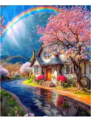 home-1148 *สินค้าหมด* ชุดปักครอสติช ลายบ้านสวยสายรุ้ง (ปักเต็มผืนผ้า ไม่มีเดินเส้น ผ้า 11CTพิมพ์ลาย มีประกาย ปัก 3 เส้นเล็ก) ขนาด 50*70 ซม.ผ้าครอสติช 11CTพิมพ์ลายปักบนผ้า ไหมคอตตอน 55 สี ผังลาย เข็ม