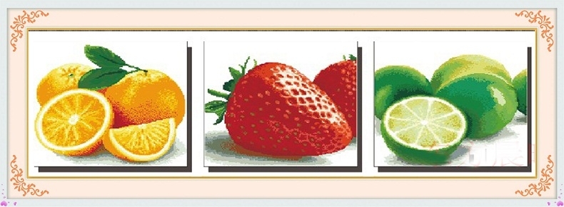 fruit-1073 *สินค้าหมด* ชุดปักครอสติช ลาย ส้ม สตรอเบอรี่ มะนาว ขนาดภาพละ 50*50 ซม.ผ้าครอสติช 11CTพิมพ์ลายบนผ้า ไหมคอตตอน 35 สี ผังลาย เข็ม