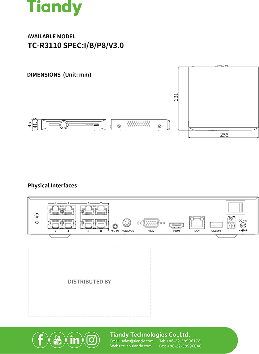 TIANDY TC-R3110 SPEC:I/B/P8/V3.0 NVR 10CH / 8POE H.265 1SATA BY BILLIONAIRE SECURETECH TC-R3110 SPEC:I/B/P8/V3.0