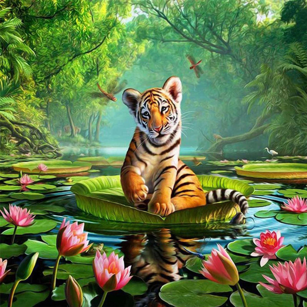 tiger-1103 *สินค้าหมด* ชุดปักครอสติช ลายเสือน้อยบนใบบัว (งานปักเต็มลาย ไม่มีเดินเส้น) ขนาด 40*50 ซม.ผ้าครอสติช 11CTพิมพ์ลายปักบนผ้า ไหมคอตตอน 32 สี ผังลาย เข็ม