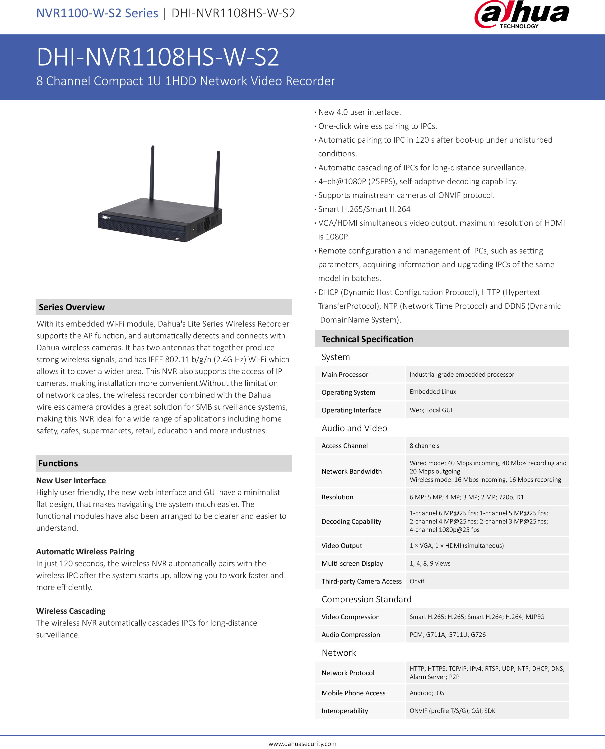 DAHUA IP WIFI KIT SET 2 MP : NVR1108HS-W-S2 + IPC-HFW1230DTP-STW x 4 กล้องมีไมค์ในตัว WIFI BY BILLIONAIRE SECURETECH DAHUA IP WIFI KIT SET 2 MP