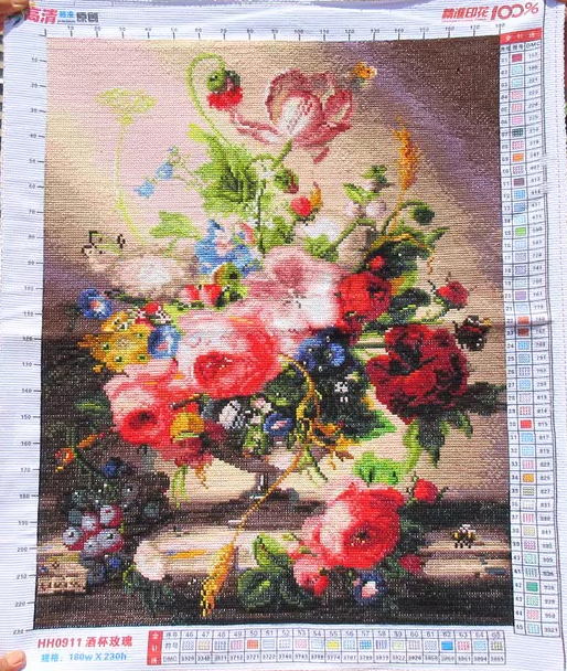 rose-1003 *สินค้าหมด* ชุดปักครอสติช ลายกุหลาบในแจกันแก้ว (ปักเต็มผืนผ้า ไม่มีเดินเส้น ผ้า11CT พิมพ์ลาย ปักครั้งละ 3 เส้นเล็ก) ขนาด 52*63 ซม.ผ้าครอสติช 11CTพิมพ์ลายปักบนผ้า ไหมคอตตอน 65 สี ผังลาย เข็ม