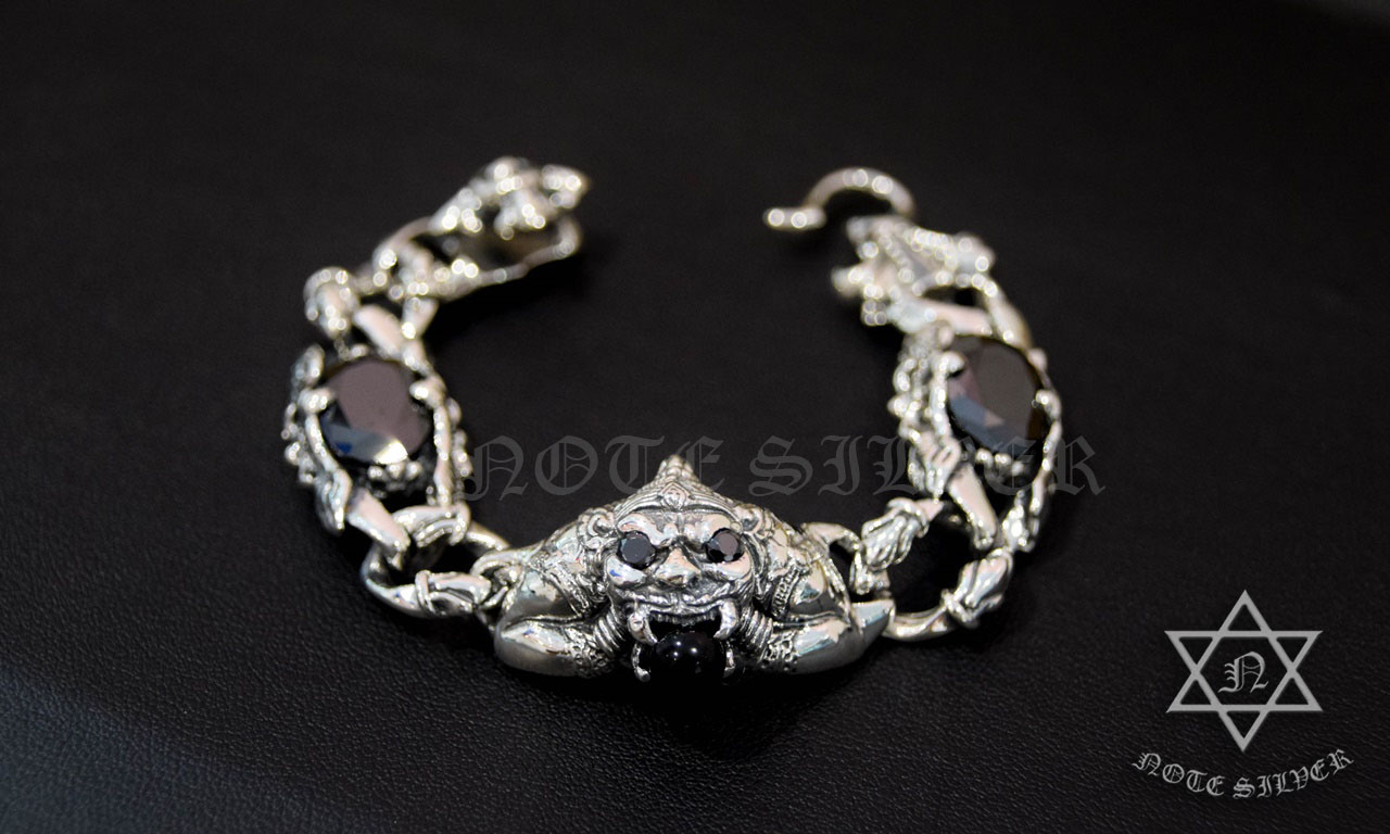 สร้อยข้อมือพระราหู สลับข้อลายเฟลอร์เดอลีสฝังนิล Sterling Silver 925 NSBL1980