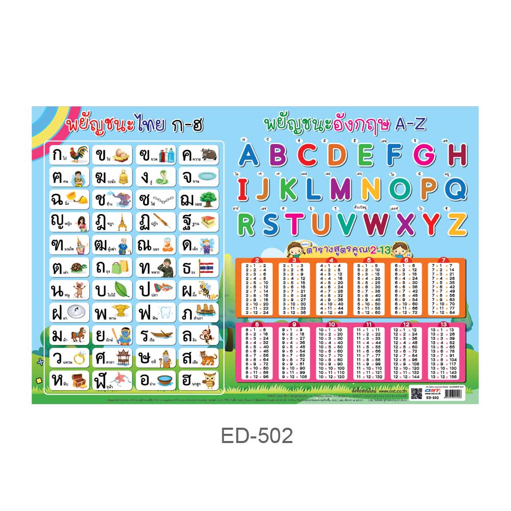 โปสเตอร์กระดาษ โปสเตอร์ติดโต๊ะ ชุดความรู้พื้นฐาน ED-502 ก-ฮ A-Z สูตรคูณแม่2-13