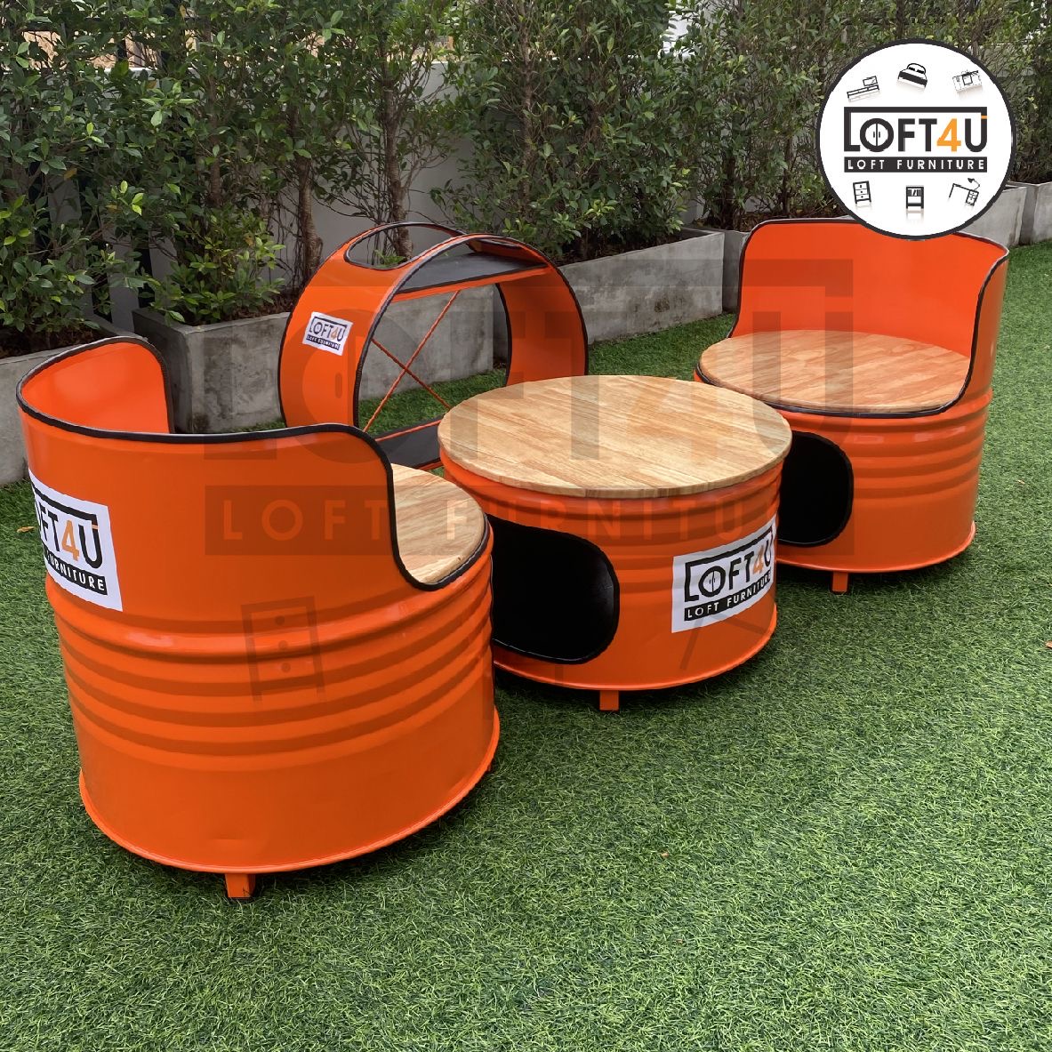 Cafe Table Set + drink shelf : wooden cushion / 2 seats