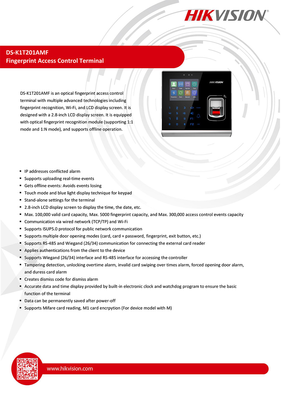HIKVISION DS-K1T201AMF Fingerprint Terminal เครื่องสแกนลายนิ้วมือ รองรับ 5,000 นิ้วมือ / 100,000 บัตร / 300,000 รายการ ควบคุมประตูเปิด-ปิด BY BILLIONAIRE SECURETECH DS-K1T201AMF