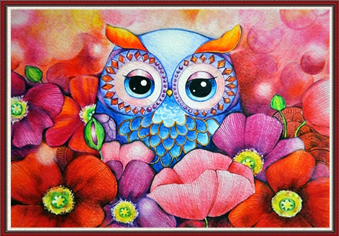 owl-2005 *พร้อมส่ง* ชุดภาพติดคริสตัลกลม ลายนกฮูกน้อยกับดอกไม้ (งานติดเต็มภาพ) ขนาด 50*36 ซม.ผ้าแคนวาสลงผังลายเต็ม คริสตัลกลม 34 สี อุปกรณ์ครบชุด