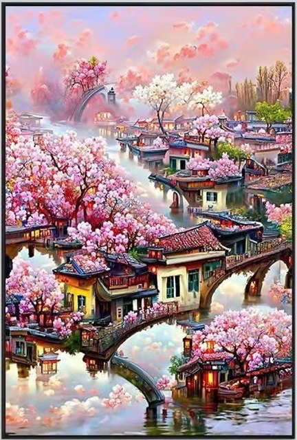 home-1104 *สินค้าหมด* ชุดปักครอสติช ลายหมู่บ้านในฤดูใบไม้ผลิ spring (ปักเต็มผืนผ้า ไม่มีเดินเส้น ผ้า11CTพิมพ์ลาย ปัก 3 เส้นเล็ก) ขนาด 59*88 ซม.ผ้าครอสติช 11CTพิมพ์ลายปักบนผ้า ไหมคอตตอน 42 สี ผังลาย เข็ม