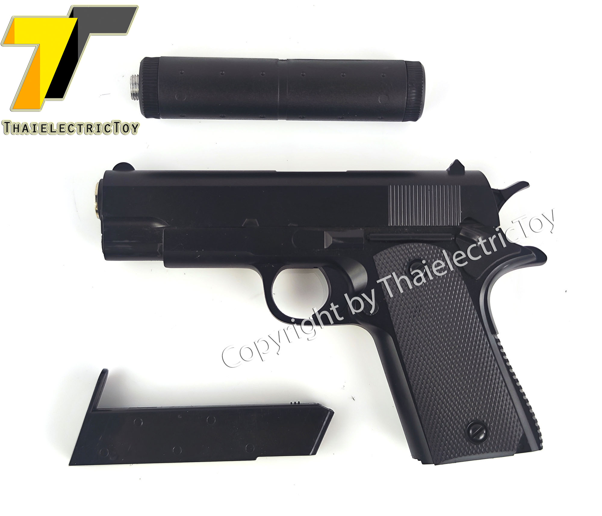 ปืนอัดลมเหล็ก 1911 ชักยิงทีล่ะนัด ลำกล้องยาว 6 นิ้ว หนัก 271 กรัม ใช้ลูกกระสุนพลาสติก 6 มิล