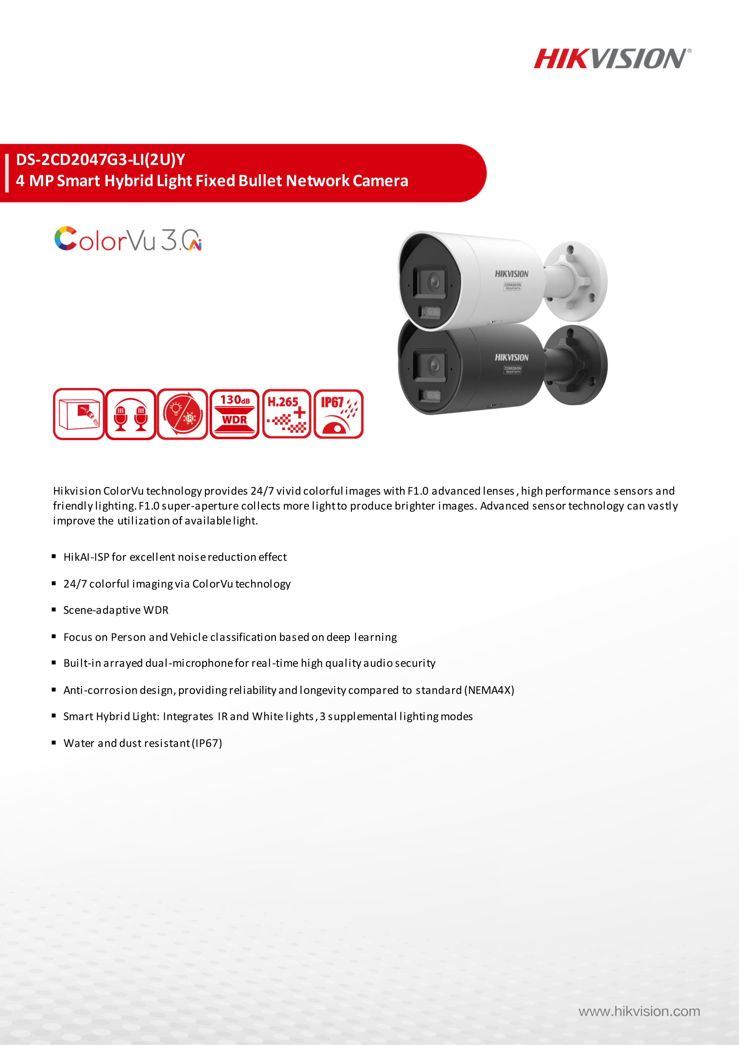 HIKVISION DS-2CD2047G3-LIY (2.8 mm.) กล้องวงจรปิดระบบ IP 4 ล้านพิกเซล Colorvu 3.0, Smart Hybrid Light มีไมค์ในตัว BY BILLIONAIRE SECURETECH DS-2CD2047G3-LIY (2.8 mm.)