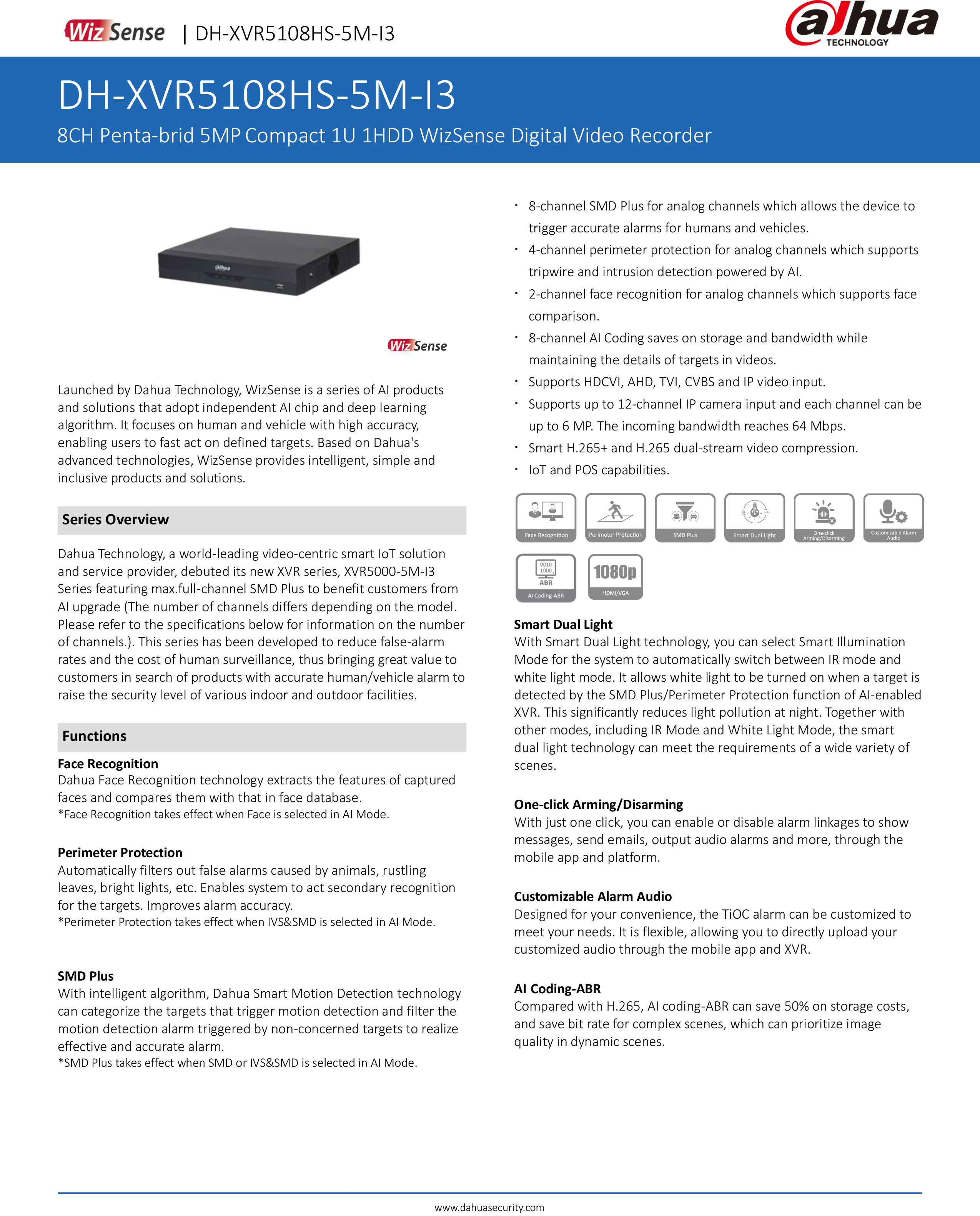 DAHUA XVR5108HS-5M-I3 (8 CH) เครื่องบันทึกสำหรับกล้องวงจรปิดระบบ HD Penta-brid 5 MP Compact 1U 1HDD WizSense BY BILLIONAIRE SECURETECH XVR5108HS-5M-I3