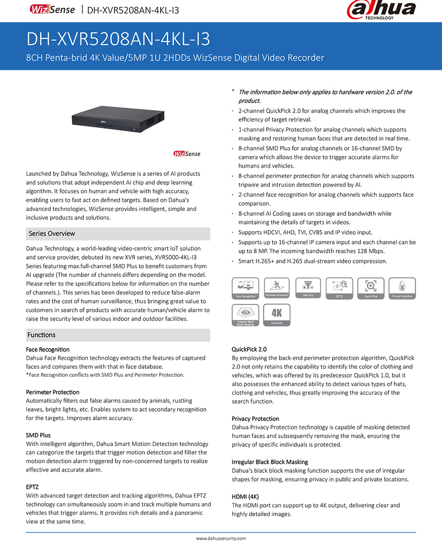 DAHUA XVR5208AN-4KL-I3 8CH DVR เครื่องบันทึกสำหรับกล้องวงจรปิด Penta-brid 4K Value/5MP 1U รองรับ 2HDD WizSense ฺBY BILLIONAIRE SECURETECH XVR5208AN-4KL-I3
